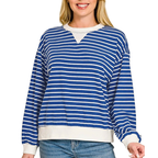 Zenana Oversized Sweatshirt Striped Light Navy Blue Ribbed White Band Long Sleeve Top
