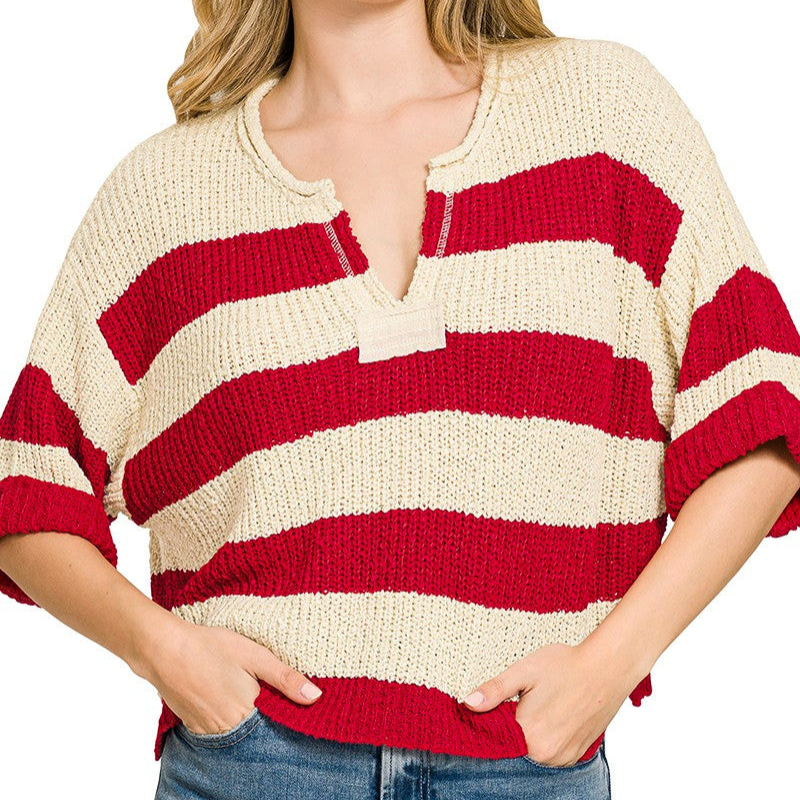 Zenana Oversized Sweater Top Ruby Red Striped Split Neck Short Sleeve Casual Loose