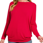 Zenana Women's Casual Red Top Hacci Dolman Long Sleeve Boat Neck Loose Blouse