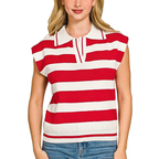 Zenana Sweater Vest Polo Collar Red Striped Viscose Lightweight Knit Top