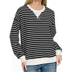 Zenana Striped Women’s Casual Sweatshirt Contrast Round Neck Long Sleeve Top