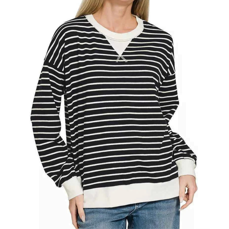 Zenana Striped Women’s Casual Sweatshirt Contrast Round Neck Long Sleeve Top