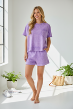 Zenana Σετ Βαμβακερό Casual Βιολετί Κοντομάνικο Τοπ & Σορτς Halo Snow Washed
